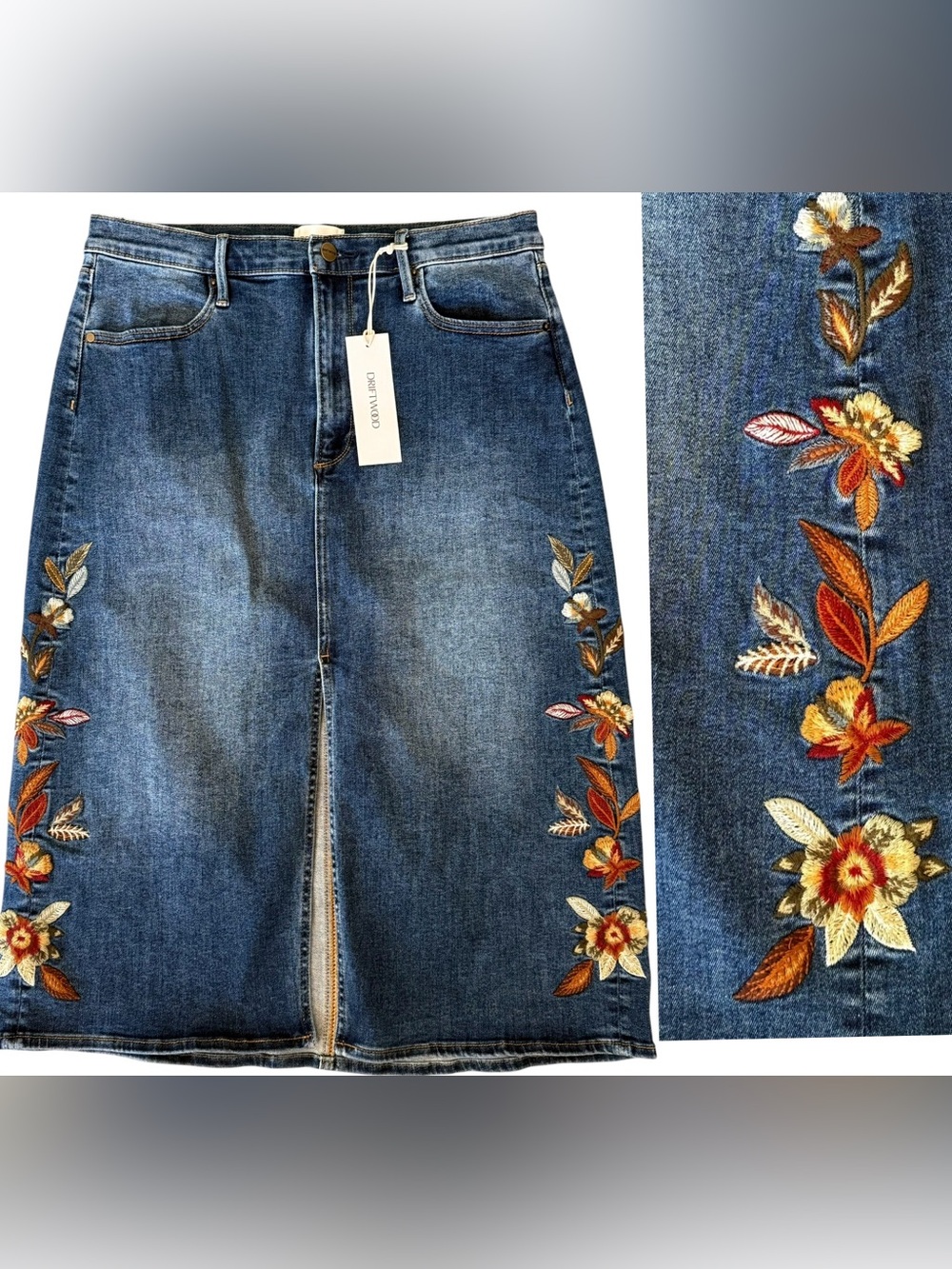 Driftwood Jean Denim Piper Midi Skirt Floral Embroidered Size Front Slit 12 NEW